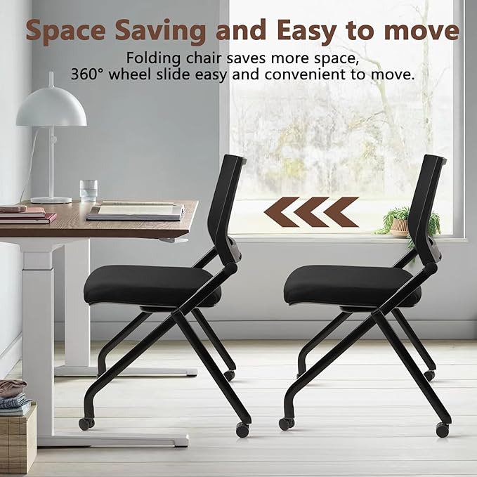 CLATINA Stackable & Foldable Conference Room Chairs, Waiting Room Chairs with Wheels & Lumbar Support, Ergonomic Mesh Bouncing Back Folding Chair for Office Meeting Schools Training Room, Black(8pk)