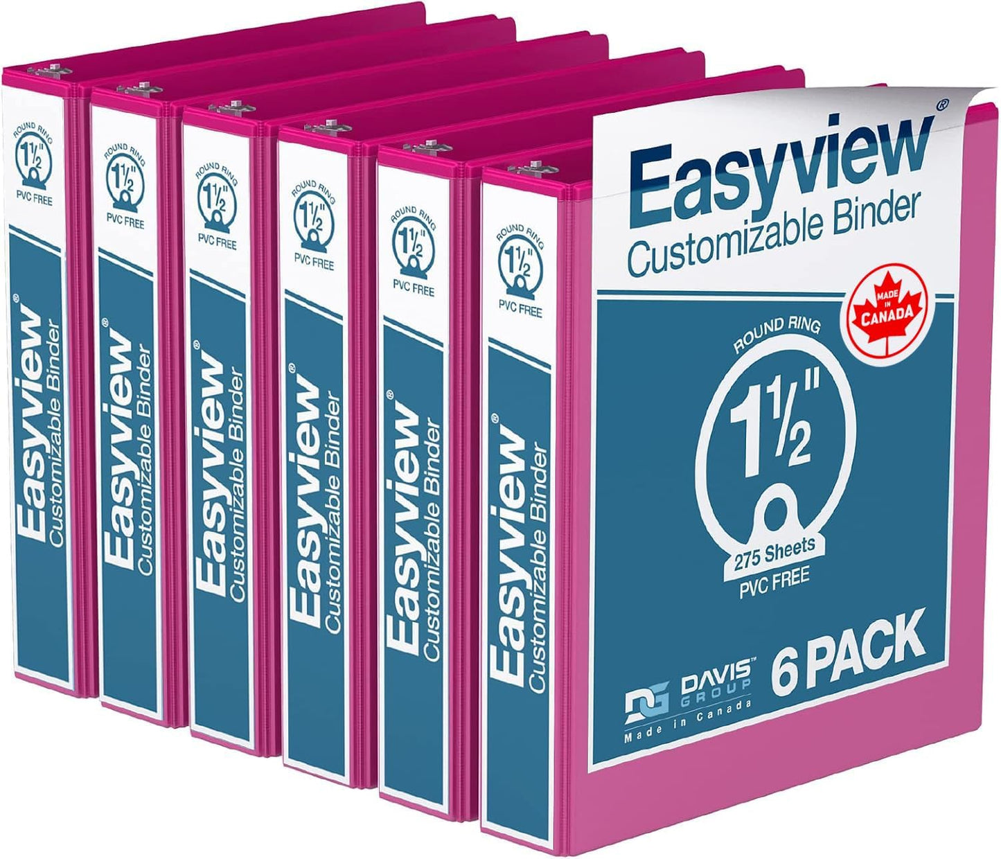 Easyview Premium 3-Ring Binders with Clear-View Covers and Round Rings, Binders for School or Office, 1.5 Inch, Pack of 6, Pink