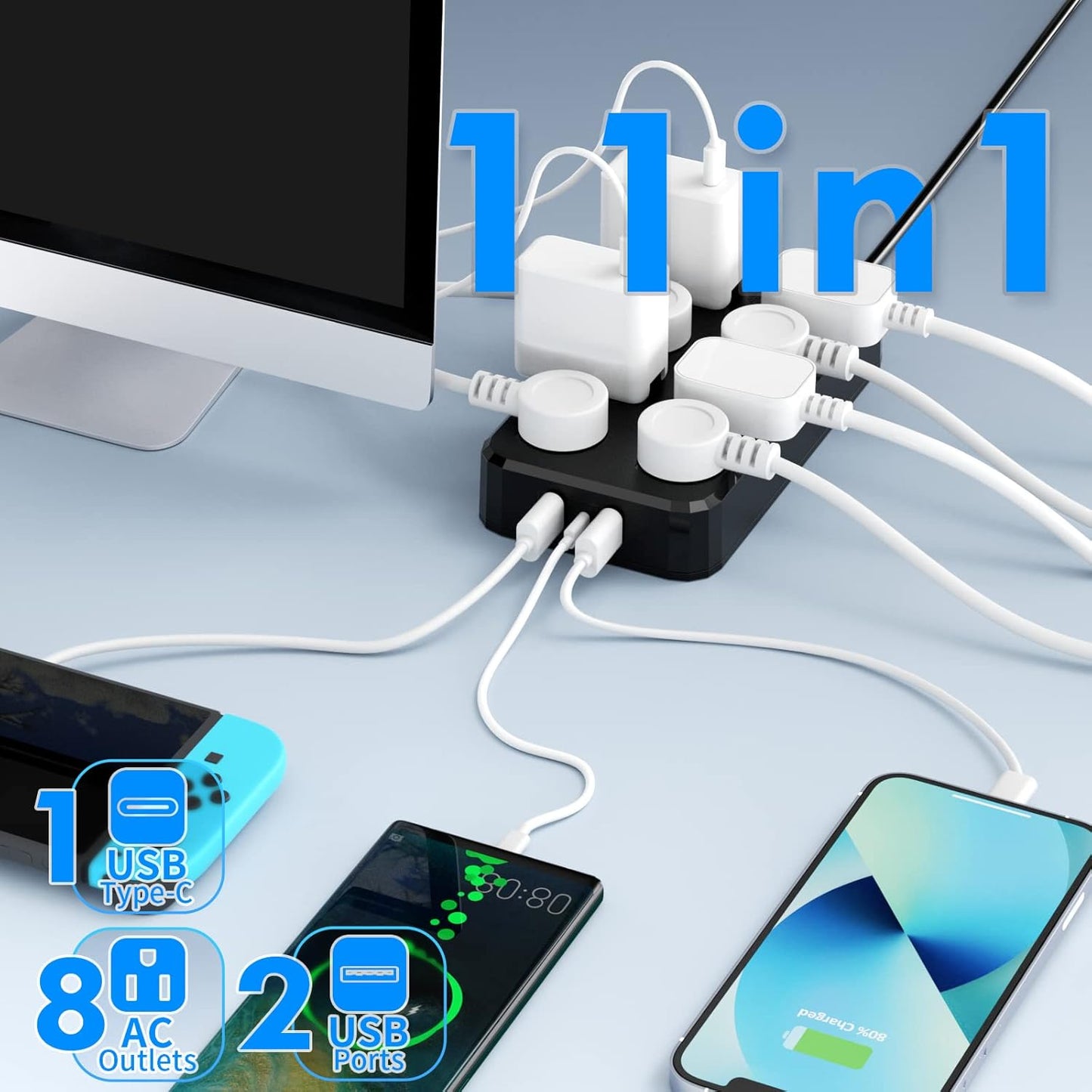 Outdoor Power Strip Weatherproof, Waterproof Surge Protector with 8 Wide Outlet with 3 USB Ports, 6FT Extension Cord,1875W Overload Protection,Outlet Extender for Christmas Lights ETL Listed Black