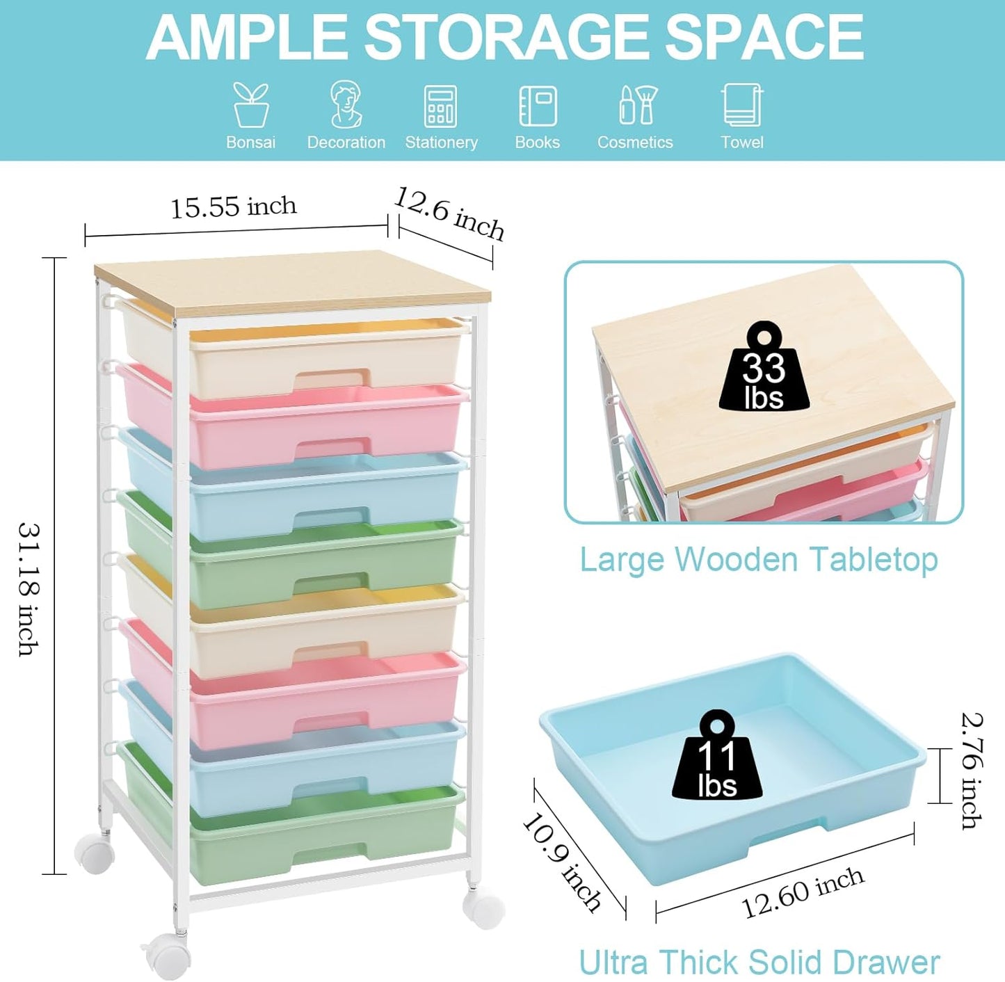 Rolling Storage Cart with Drawers,Utility Cart With 8 Drawers and Wooden Tabletop,Rolling Drawer Cart,Storage Drawer Cart for Living Room,Classroom,Bedroom,Bathroom,Dorm,Office,Rainbow