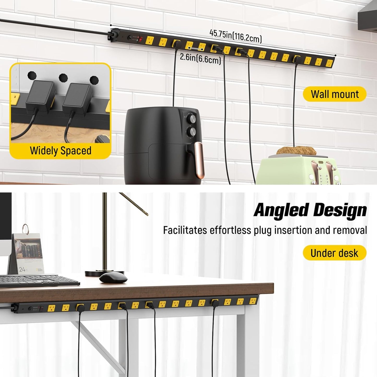 HHSOET 16 Outlet Long Power Strip, 10FT Heavy Duty Power Strip with 4800J Surge Protection, 20a Mountable Wide-Spaced Outlets for Home, Office, Garage & Workshop - ETL Certified