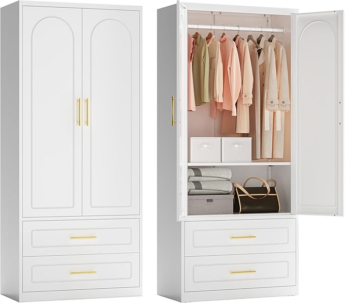 Metal Armoire Wardrobe Closet witih Two Drawers, 71" Tall Large Wardrobe Cabinet with Hanging Rod, Clothing Storage Cabinet with Doors and Shelves for Bedroom, White, Assemble Required