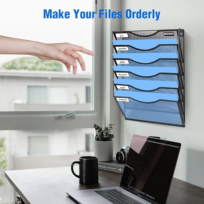 Wall File Organizer, 6 Tier Hanging File Folder Mail Organizer, Vertical Mesh Metal Wall Mount Hanging File Holder, Paper Document Magazine Rack for Home Office Black