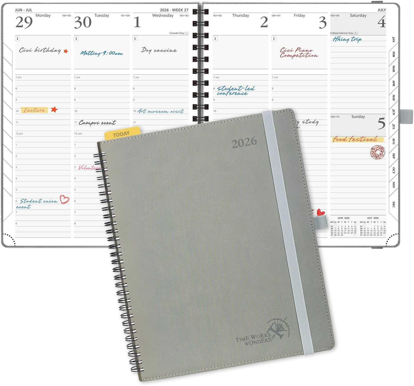 POPRUN 2026 Planner (Large - 8.5" x 10.5") with Hourly Schedule, Vertical Layout - 2026 Weekly Calendar (Jan. 2026 - Dec.2026) for Time Management, Monthly Tabs, Spiral Bound, Soft Cover - Grey