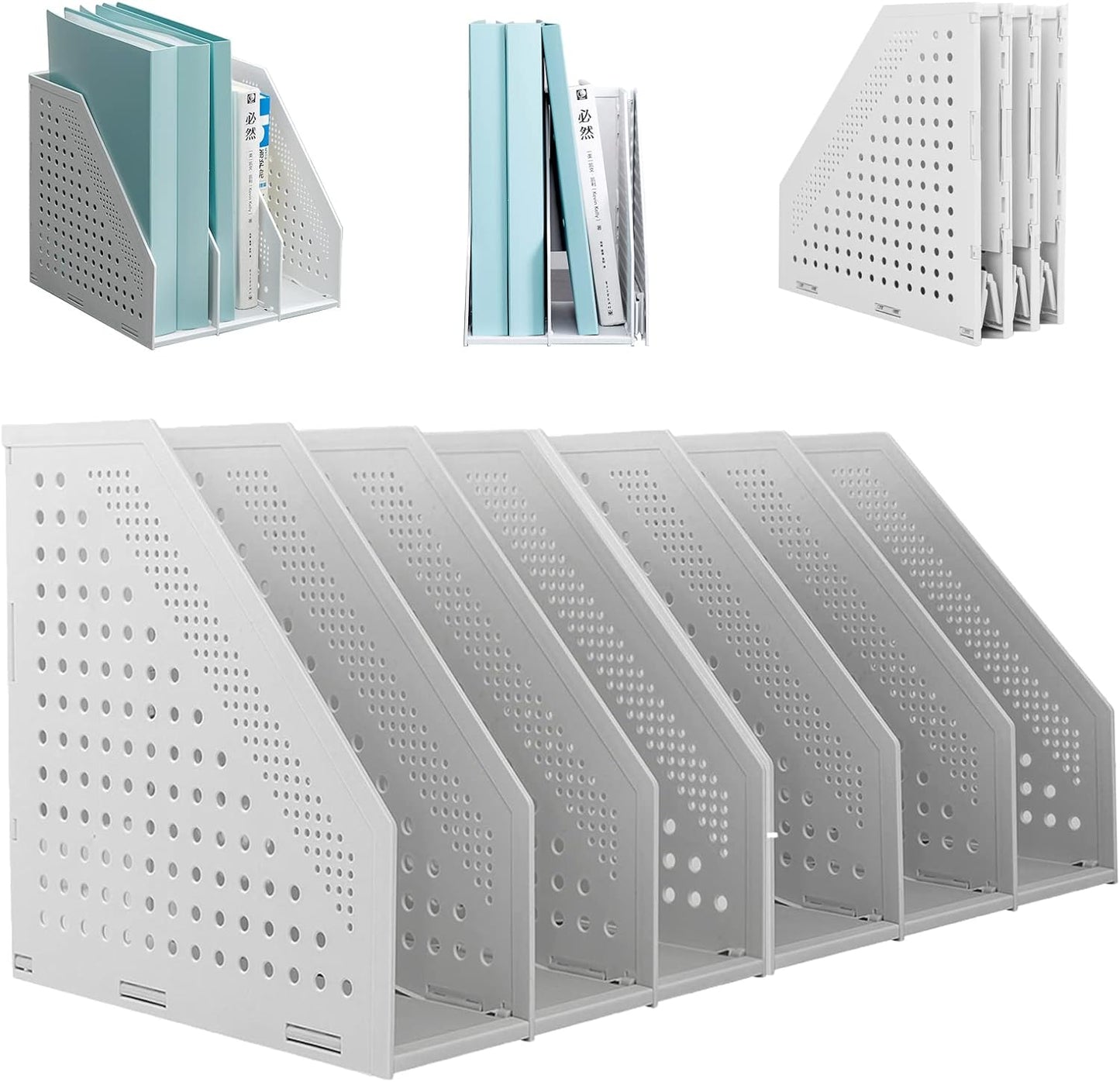 SAYEEC 2Pcs Collapsible Plastic Magazine File Holder Vertical Binder Storage Organizer for Desk Sturdy Upright Desktop Magazine Organizer Folder Rack for Office School Home (3 Compartments, Gray)