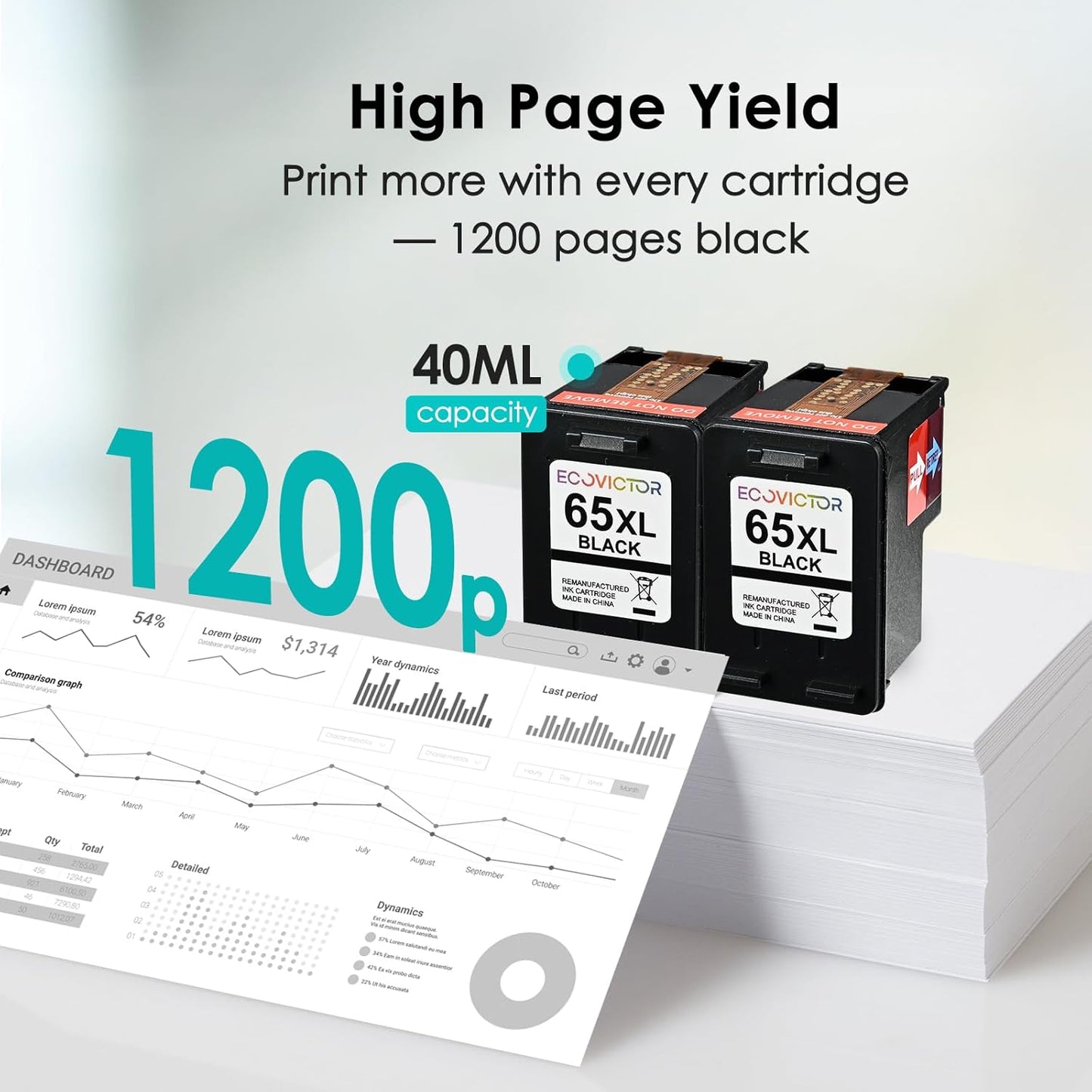 EcoVictor Remanufactured 65XL Ink Cartridges Replacement for HP 65 XL Black Ink Cartridge HP65 HP65XL Compatible Envy 5000 5055 5052 5010 5070 DeskJet 3755 3700 3772 3720 3752 2600 2622 2652 (2 Black)