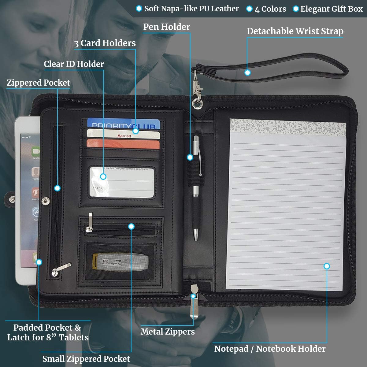 Zippered Portfolio Binder with Junior Legal 5x8 Notepad - Matt Black PU Faux Leather Business Padfolio Organizer Folder with 8 Inch Tablet Sleeve & Gift Box by Lautus Designs