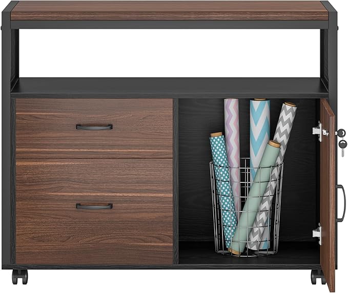 Tribesigns Modern File Cabinet with Drawers for Letter-Sized File and Door, Lockable lateral Filing Cabinet Printer Stand with Storage Shelves and with Rolling Caster for Home Office (Dark Walnut)