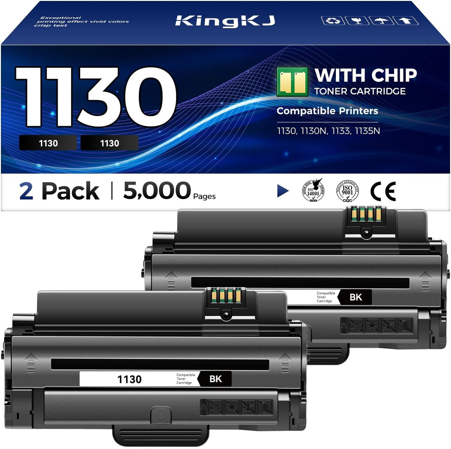 KingKJ 3J11D 1130 Black Toner Cartridge 2-Pack High-Yield Replacement for Dell 3J11D 1130 1133 1135 Toner Compatible with Dell 1130 1130N 1133 1135N Laser Printer Ink All-in-One Copier（2,500 Pages）