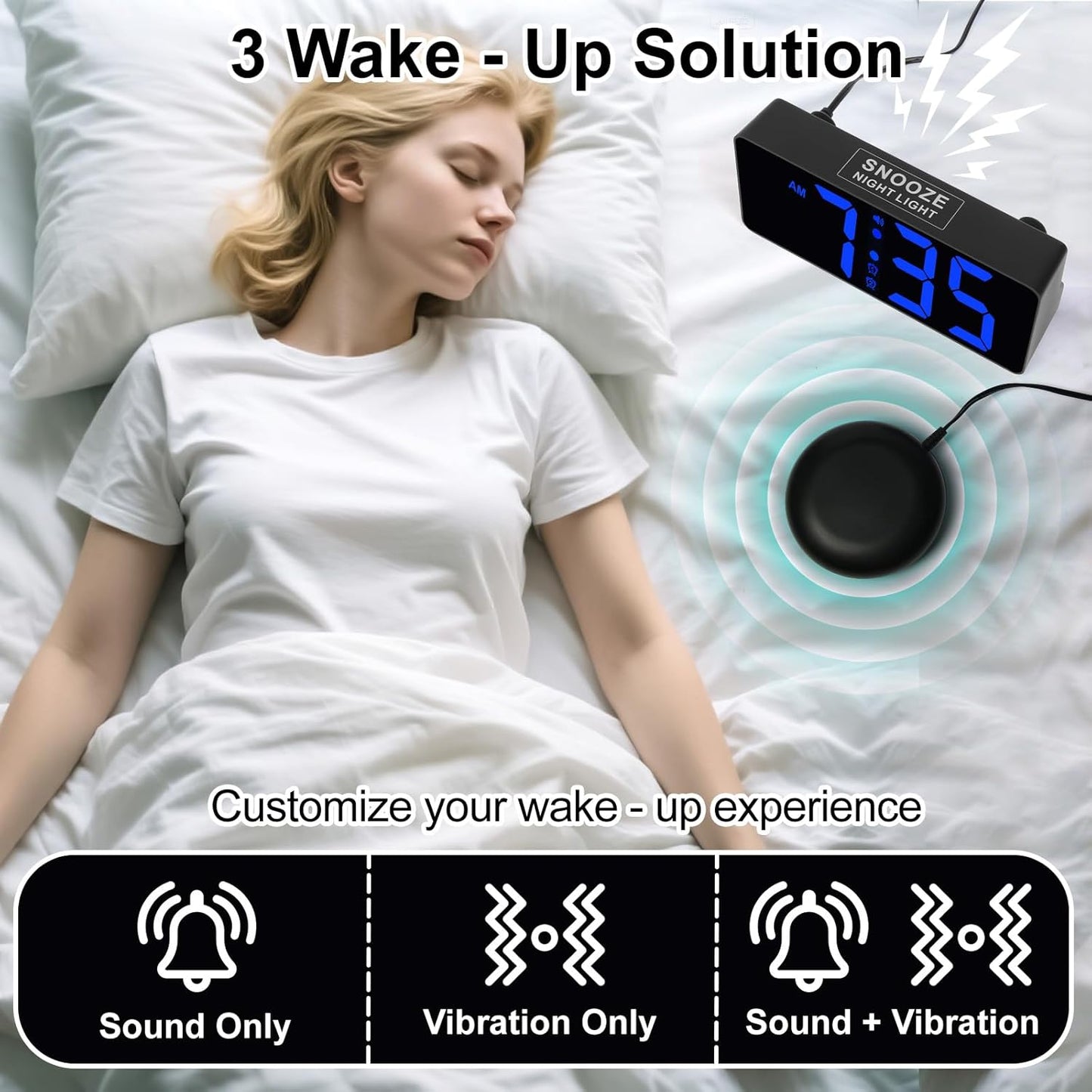 Alarm Clock for Bedroom Heavy Sleepers with Bed Shaker & Night Light-Vibrating Digital Clock Large Dimmable LED Digits with Dual Alarm & Charging Port Table Desk Clock for Hearing Impaired Seniors