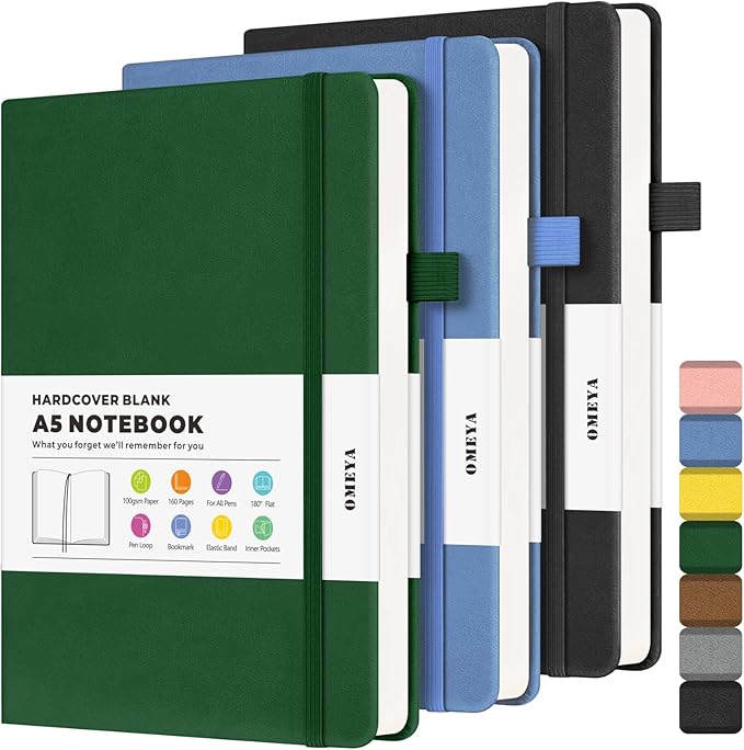 Blank Journal Notebook, 3 Pack A5 Sketch Book, Hardcvoer Sketchbook for Drawing with 100GSM Thick Paper, Leather Journal for Writing, Unlined Journal for Women, Men, School, 160 Pages, 5.7" x 8.4"