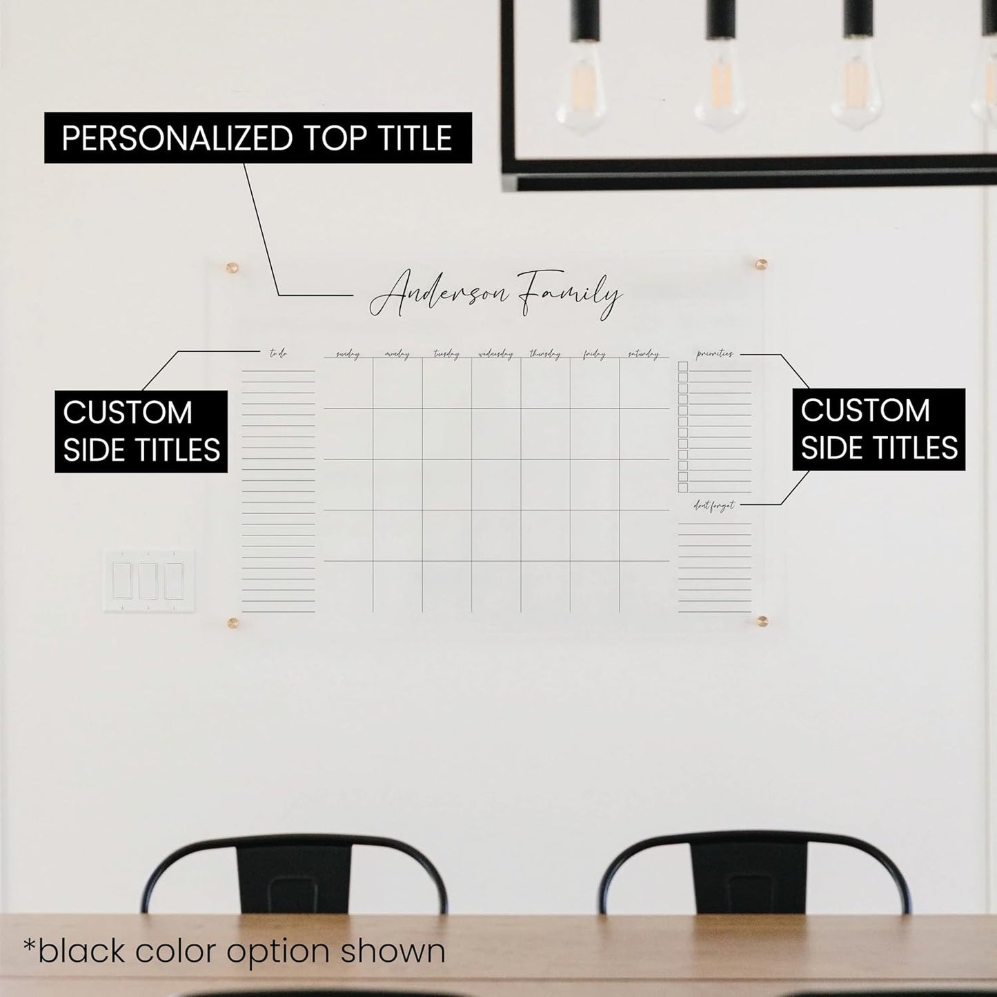 Personalized Clear Acrylic Calendar for Wall, Calendar Whiteboard for Wall, Dry Erase Wall Calendar, Wall Calendar Organizer System for Home (Cursive, Grey, 31"W x 23"H)