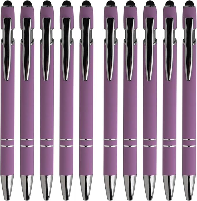 Purple Ballpoint Pens with Black Ink, 2-in-1 Stylus Tip, 1.0mm Medium Point, Matte Metal Barrel – 10-Pack for Office or School