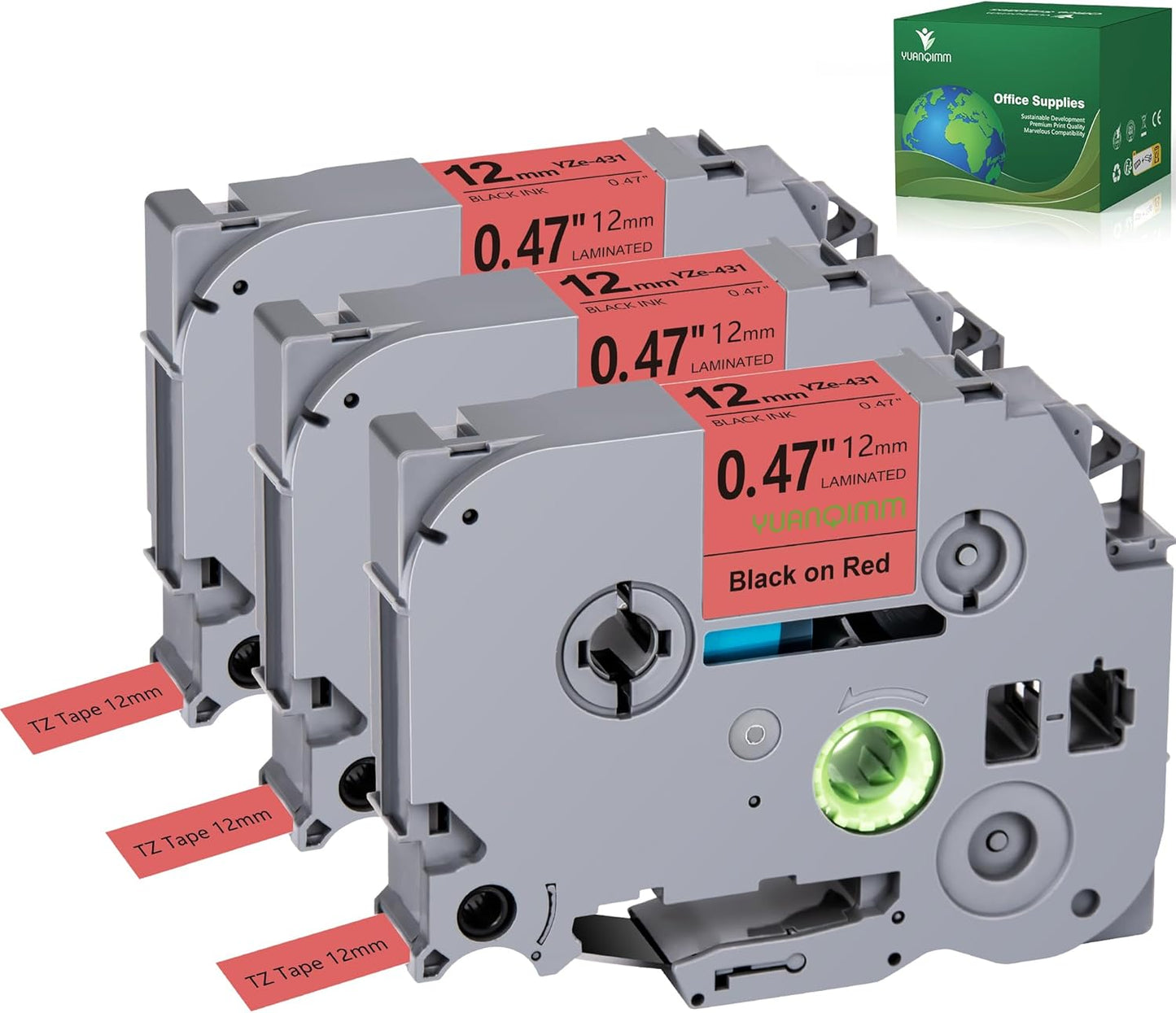 TZe-431 TZe 12mm Red TZ Tape Compatible with Brother P Touch Label Maker Tape TZ-431 TZe431 TZ431 Label Tape 12mm 0.47 Laminated Black on Red for PTD210 PTD600 PTH100, 3-Pack