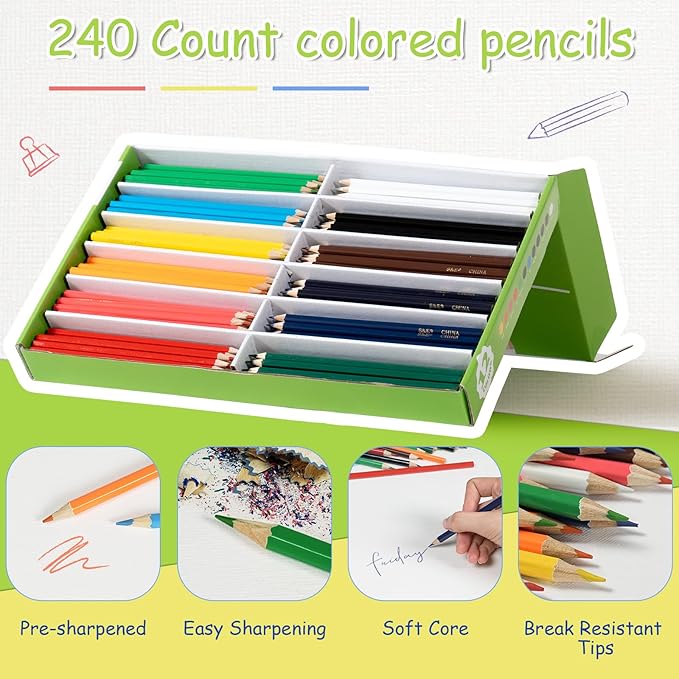 S & E TEACHER'S EDITION Colored Pencils Bulk 12 Assorted Colors Coloring Pencils Set for Kids Adults Drawing for Sketch, Back to school, Woodcase Lead Pencils Arts 240 Count