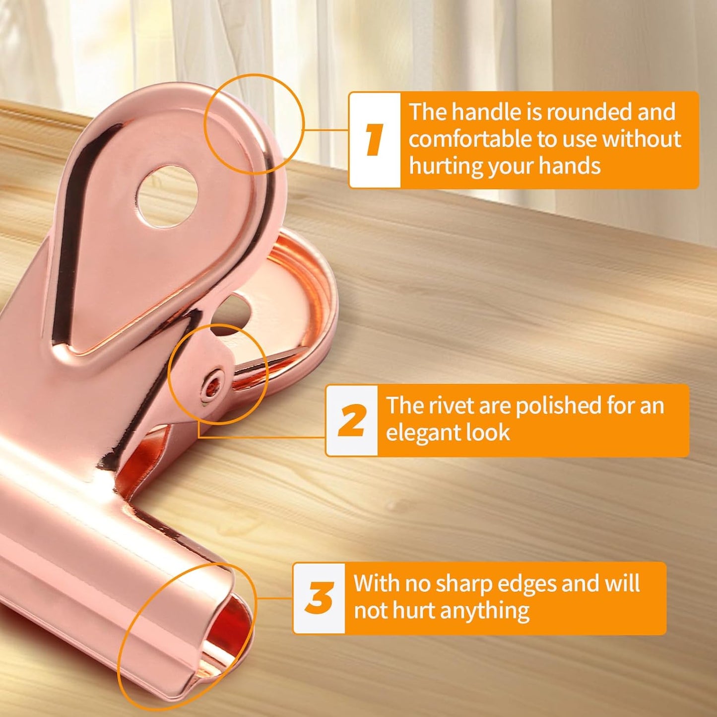 SIAMESE Bulldog Clips, 8 Pcs Binder Clips for Office & Kitchen, Multi-Purpose Binder and Food Bag Clamps for Sealing, Storage, Hanging (Rose Gold)