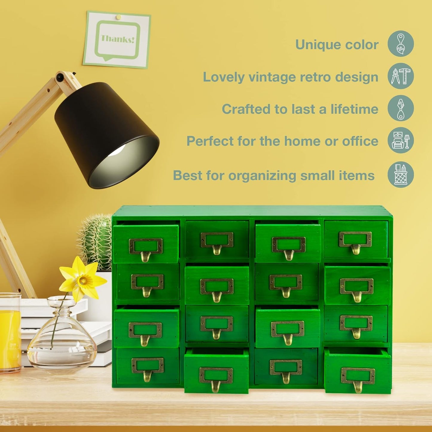 Emerald Green Wood 16-Drawer Apothecary Small Cabinet - 20" x3.6”x14” Card Catalog Style Table Top Organizer - Wooden Storage Box w/16 Drawers - 4-Level Countertop Organizer w/Label Holders & Handles
