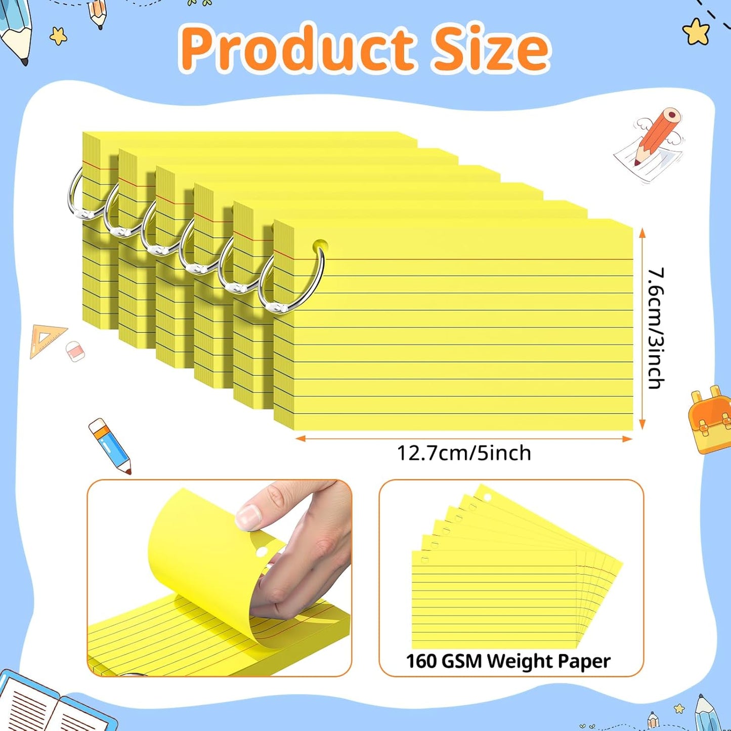 Index Cards 3x5 Inches, 300 PCS, Yellow Flash Cards With Ring, Punched Lined Study Card Ruled Flashcards Notecards, Ruled Front And Blank Back, Note Card for School, College And Home