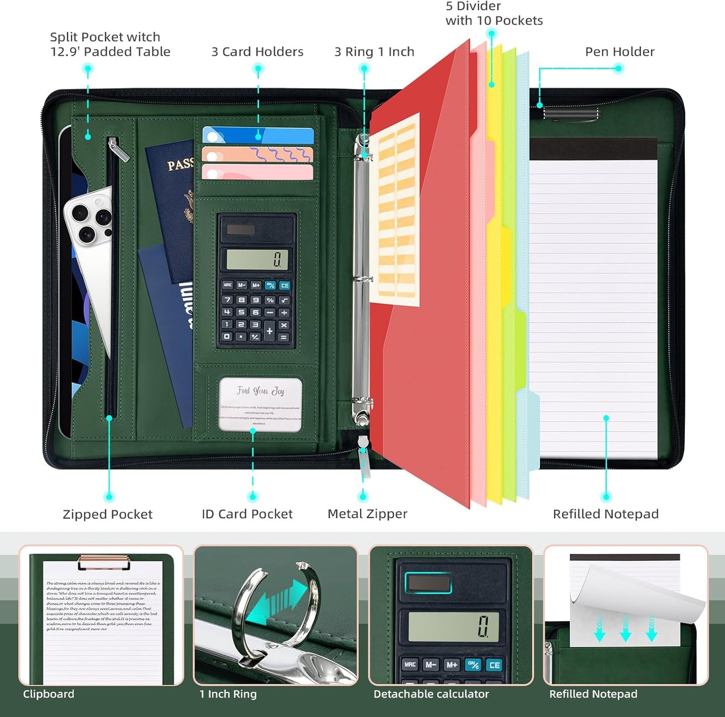 Ospelelf Green Clipboard with Storage 3 Binder Leather Portfolio Folder with Zipper, 12.1” Tablet Sleeve, 5 Dividers with Pocket, Refillable Notepad, Card Slot