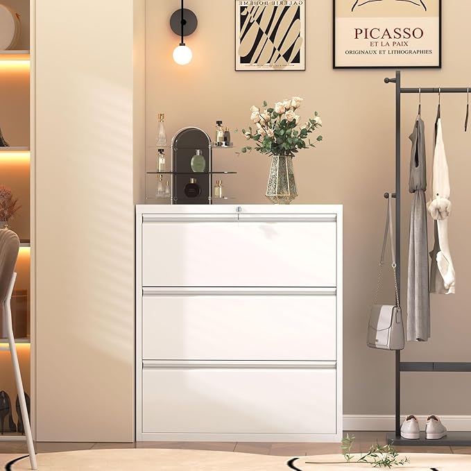 Superday Lateral File Cabinet 3 Drawer Metal File Cabinet with Lock, White Filing Cabinets for Home Office, Locking Filing Cabinets Hanging Files Letter/Legal/F4/A4