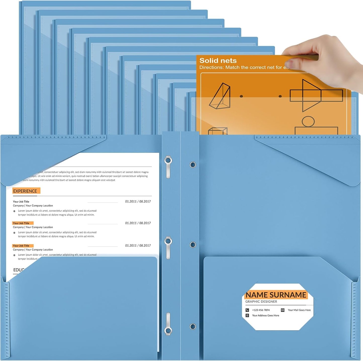 Henoyso 18 Pcs Plastic Folder with Clear Front Pocket and 3 Prong Plastic Folders with Card Slot Pocket Folders with Prongs for School Office (Haze Blue)