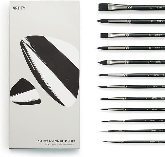 ARTIFY 12 PCS Watercolor Brushes Set, Synthetic Paint Brushes for Watercolor Painting, Acrylic, Gouache & Oil Painting - Detail Paint Brushes, Round, Flat, Cat's Tongue,Liner for Beginners & Kids