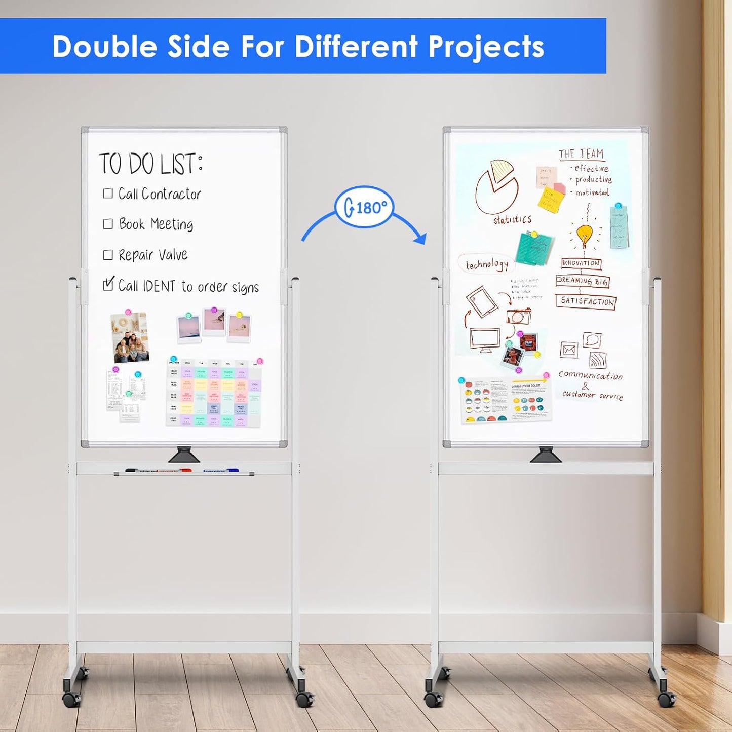 Magnetic Mobile White Board, 40 x 24 Double Sided Dry Erase Board Rolling Whiteboard Aluminum Frame Standing Whiteboard on Wheels