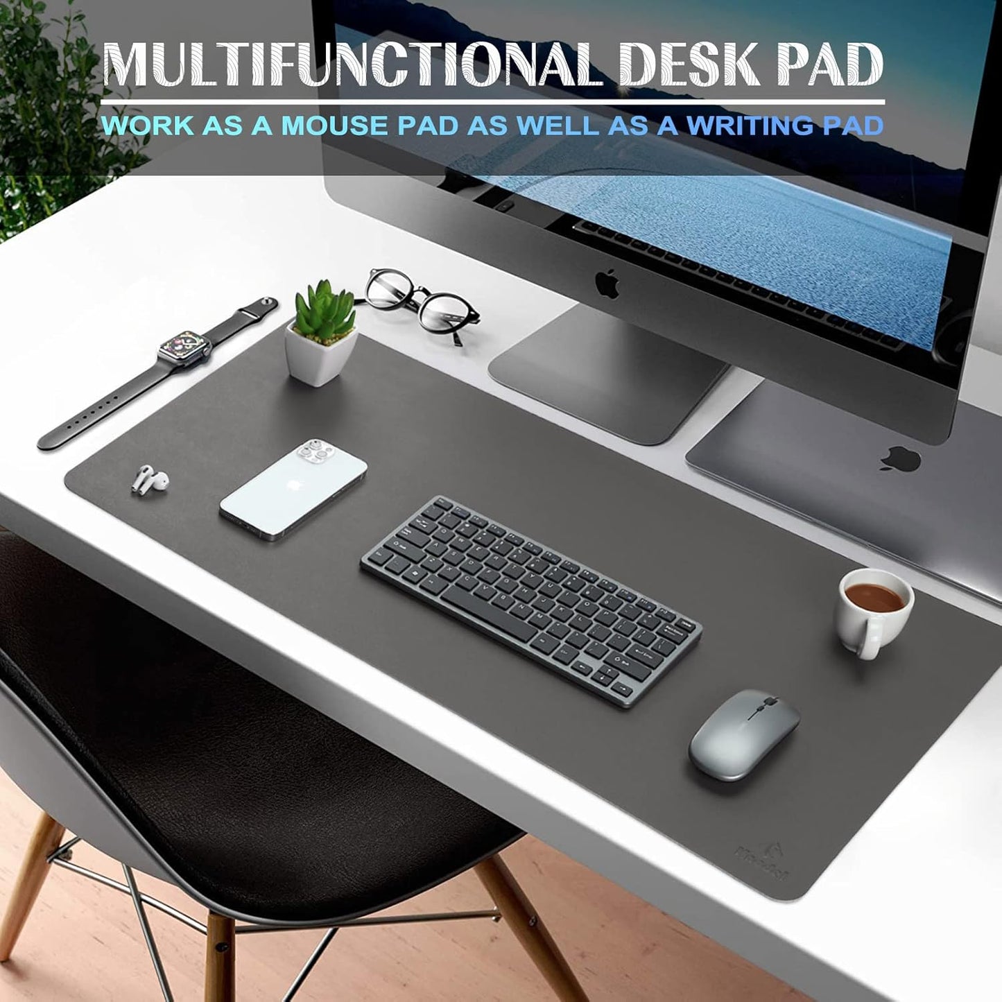K KNODEL Small Office Leather Desk Mat, Mouse and Keyboard Pad, Computer and Laptop Mat, Desktop Protector and Cover, Writing Pad and Blotter (23.6"x13.8", Dark Gray)