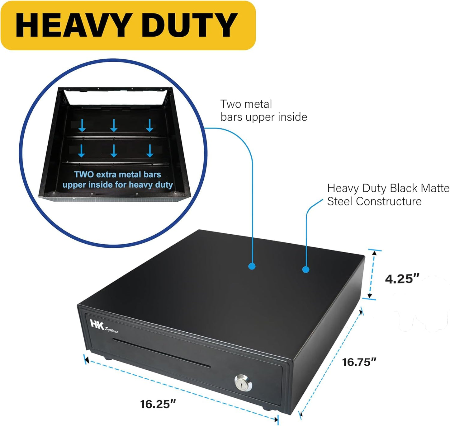 HK SYSTEMS 16" Heavy Duty Black POS Cash Drawer with 5Bill/5Coin, Removable Coin Compartment ONLY, 24V, RJ11, Single Large Front Media Slots, Black