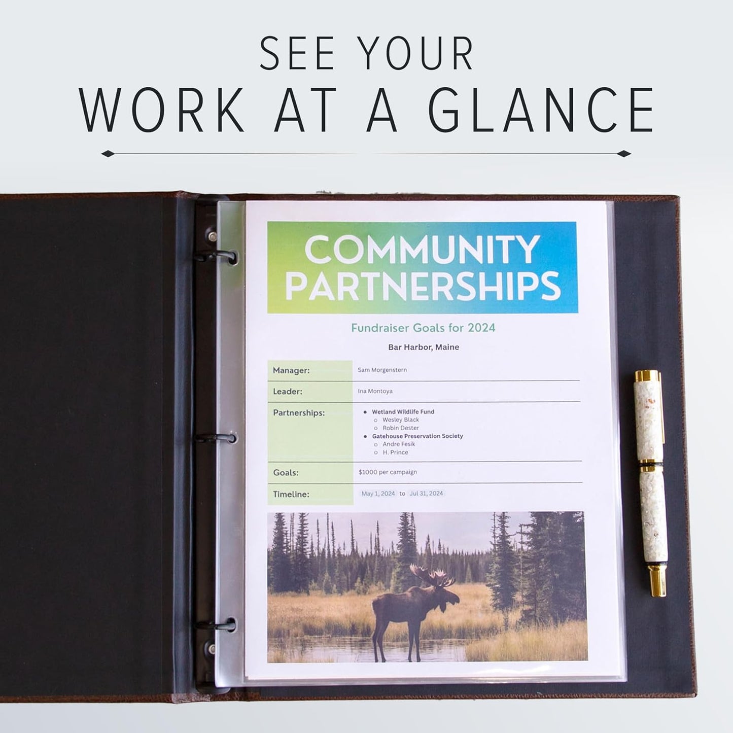 Gallery Leather 3 Ring Binder with Plastic Sleeves, Includes 10 Sheets, Sheet Size: 8.5" x 11" - Presentation Binder Rings with Hubbed Spine, Thick: 1.25" Acadia Navy - US Space Force