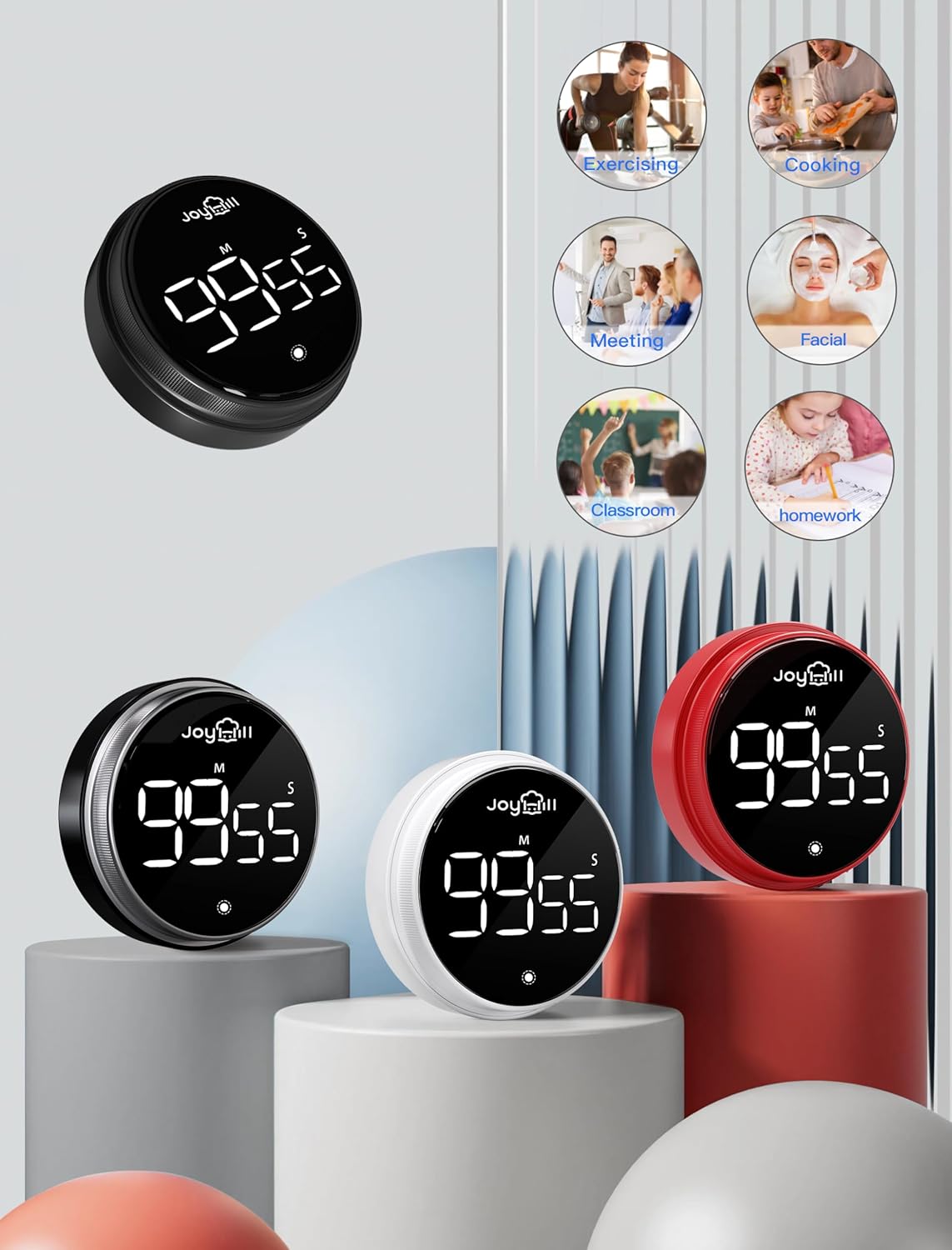 JOYHILL Digital Kitchen Timer, Large LED Display with Magnetic Countdown 3 Volume Levels, Ideal for Cooking Classroom Studying Fitness, Timer for Kids and Seniors Red