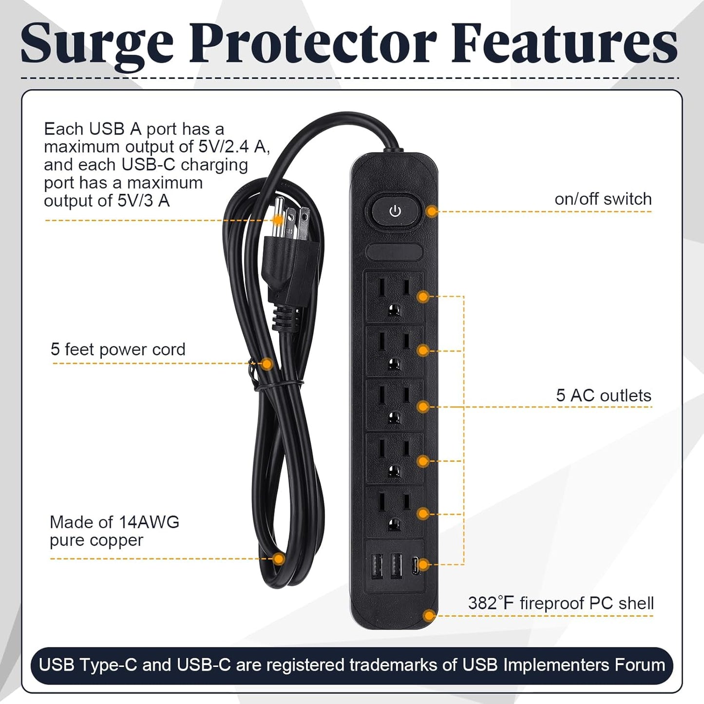 Kanayu 6 Pieces Power Strip Surge Protector with 5 Ac Outlets and 3 USB Ports, Heavy Duty Extension Cords Plug for Home Office Dorm(8.2 ft,Black)