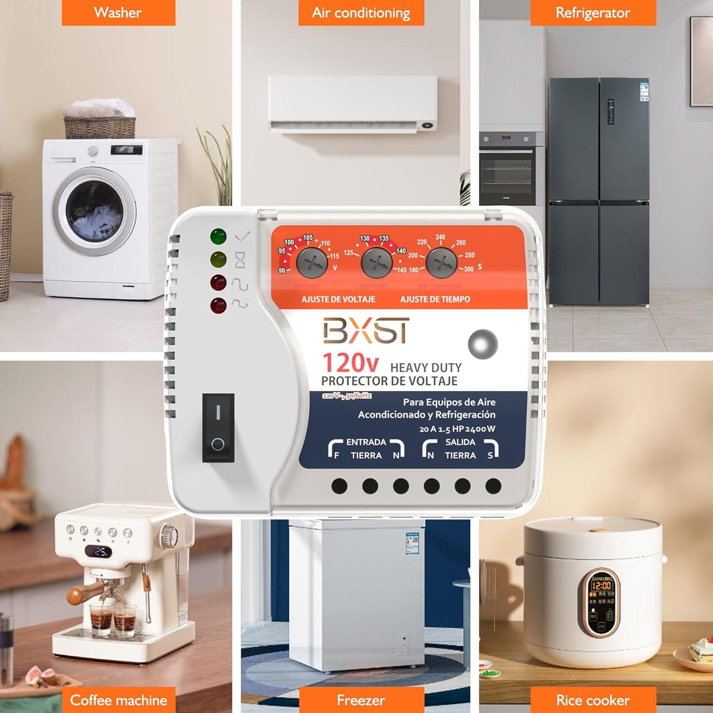 BXST Wiring Voltage and Wiring Surge Protector for Refrigerator TV 2400W Appliance AIR Conditioning Inverter Mini Split Adjustable Over/Under and Delay Time Voltage 20A 220V 140J