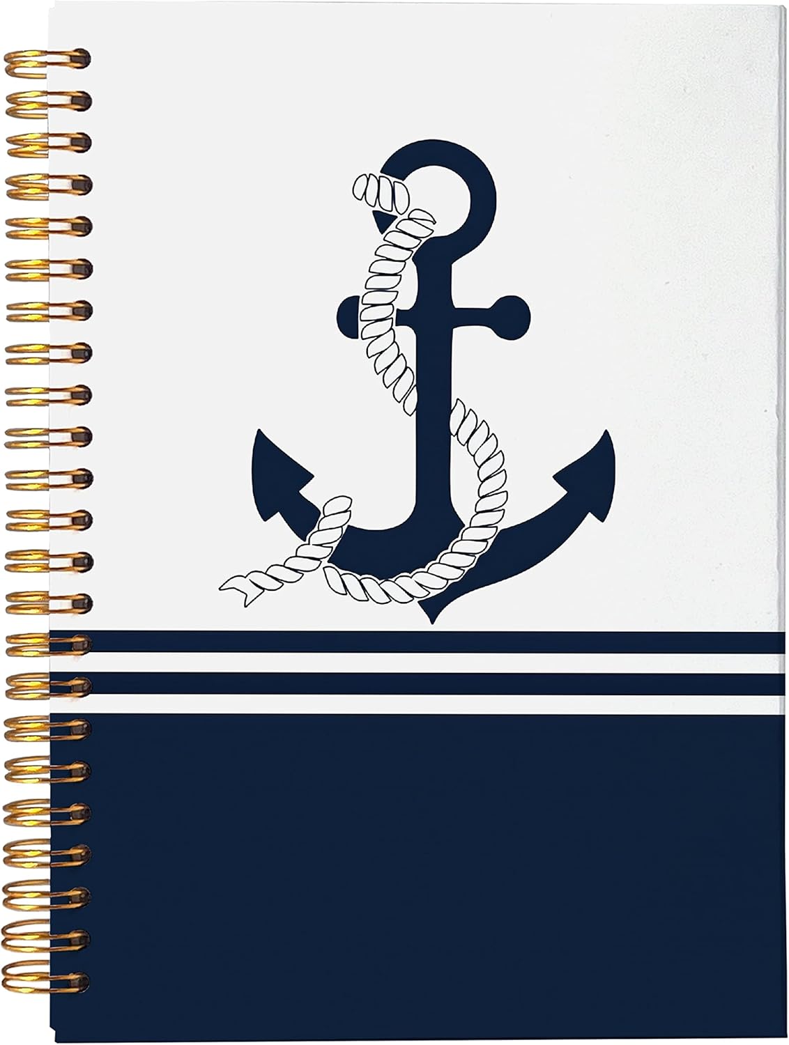 Navy Nautical Anchor Rope Ship Steering Wheel Lined Spiral Journal Notebook 8.3×5.5 Inches Hardcover College Ruled Notebook for Work Note Taking Journaling,Ocean Lover Gifts,Sailor Gifts