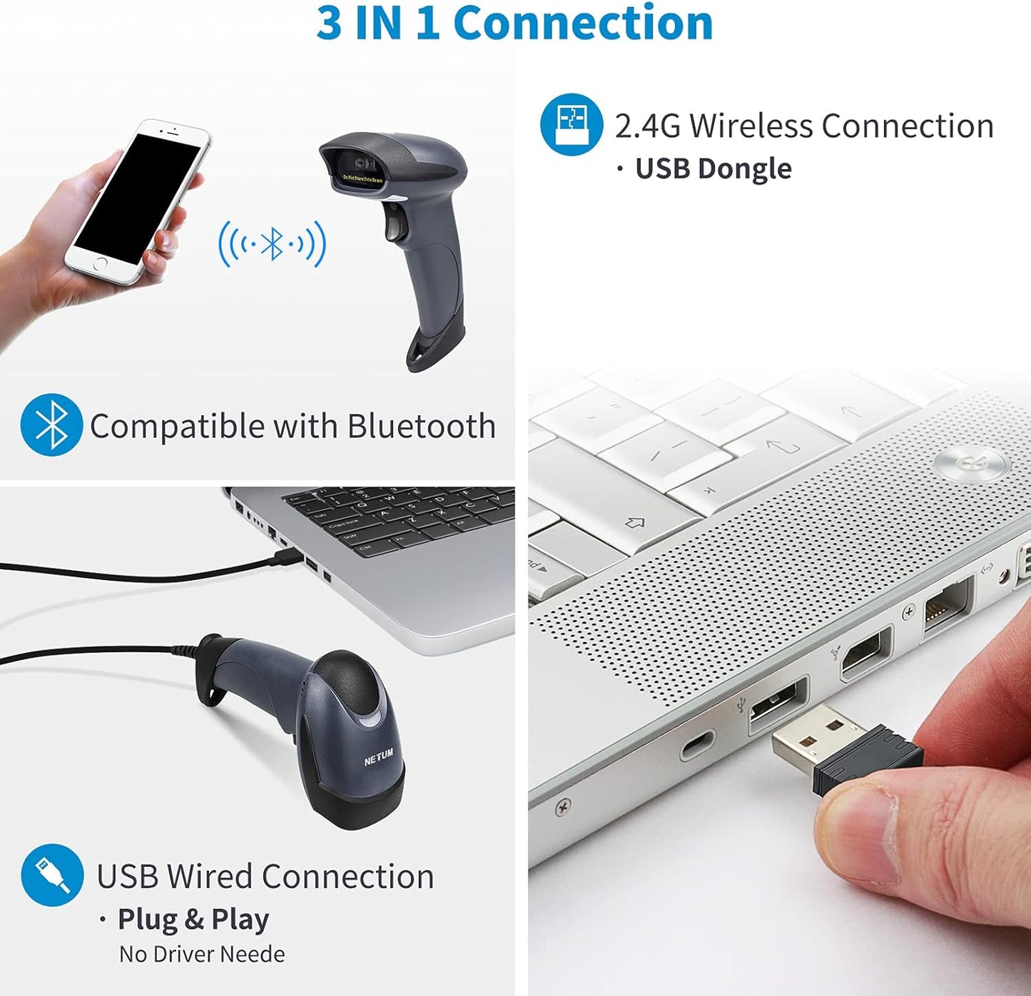 NETUM Bluetooth 1D Barcode Scanner with Stand 2.4G Wireless & Bluetooth & Wired CCD Scanner Gun for Supermarket, Store, Warehouse Handheld Bar Code Reader Work with Windows, Mac,Android, iOS -M6S