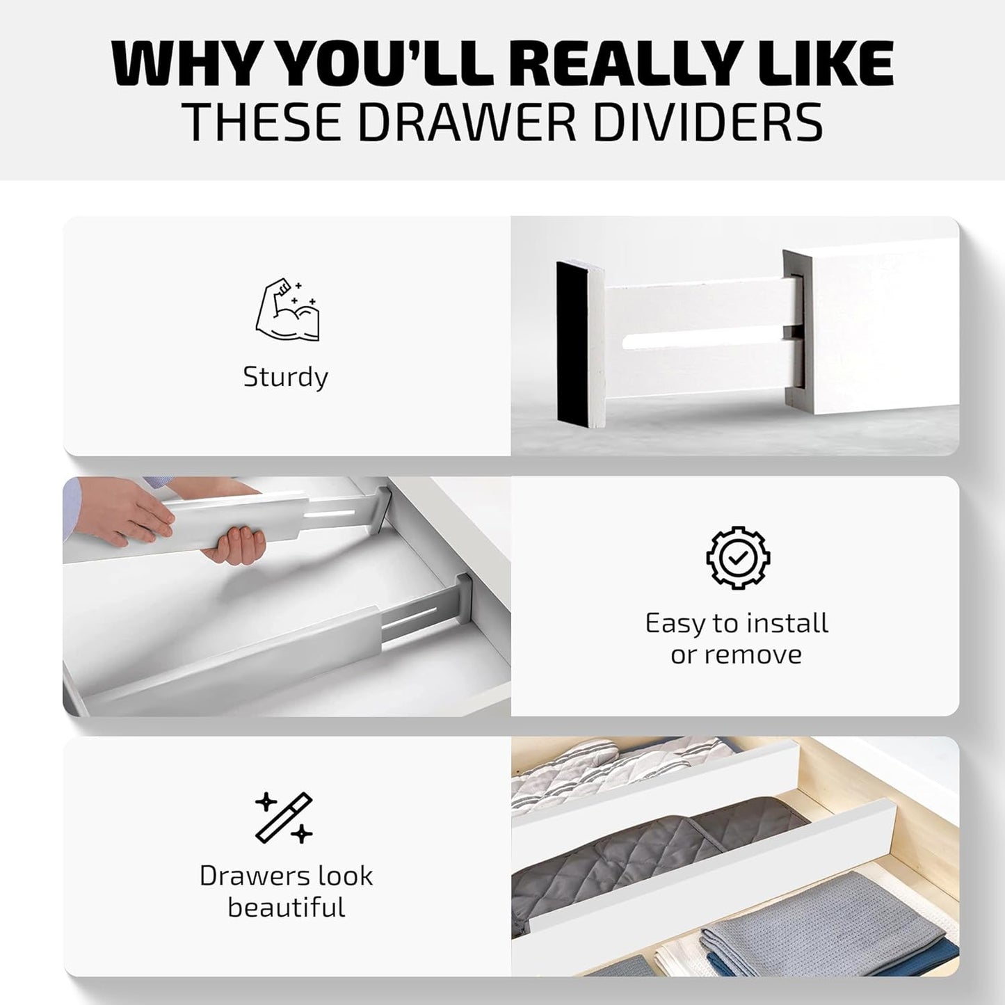 4 Pack Drawer Dividers Bamboo 2.6" High, 12.5"-17" Adjustable Drawer Organizers for Clothes, Expandable Dresser Separators in Bedroom/Bathroom/Kitchen/Office Organization and Storage (White)