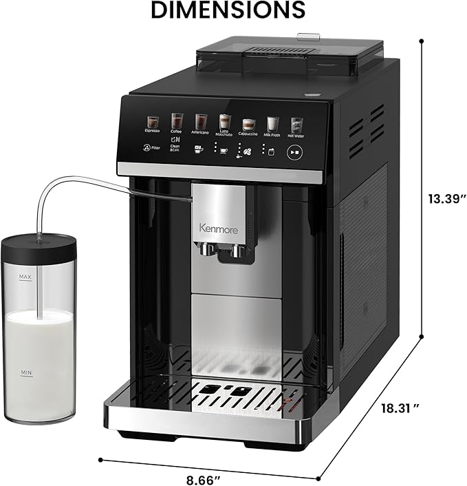 Koolatron Kenmore Espresso Machine – All-In-One Fully Automatic Coffee Maker with Auto Tamper, Descaler, Milk Steamer & Frother, Bean Grinder, Professional Barista Style Cappuccino, Cafe Latte, Black