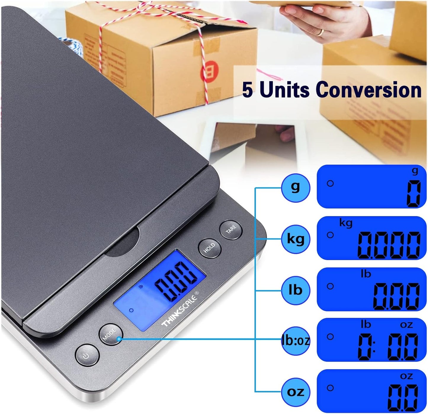 THINKSCALE Shipping Scale, 86lb/0.1oz Postal Scale with Hold and Tare, Scale for Packages, LCD Display, Postage Scale, Mail Scale, Shipping Scale for Small Business, Batteries & AC Adapter