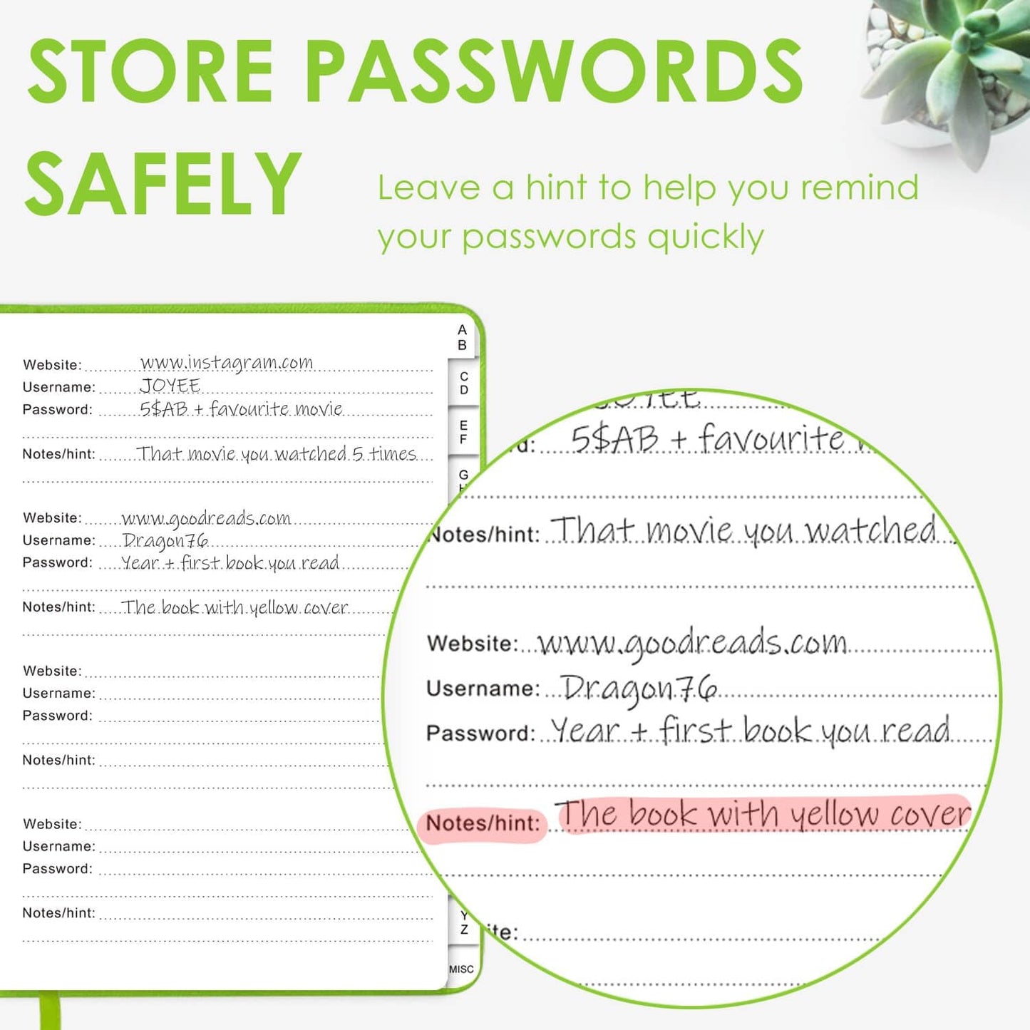 Elegant Password Book with Alphabetical Tabs - Hardcover Password Book for Internet Website Address Login - 7" x 10" Password Keeper and Organizer w/Notes Section & Back Pocket (Green)