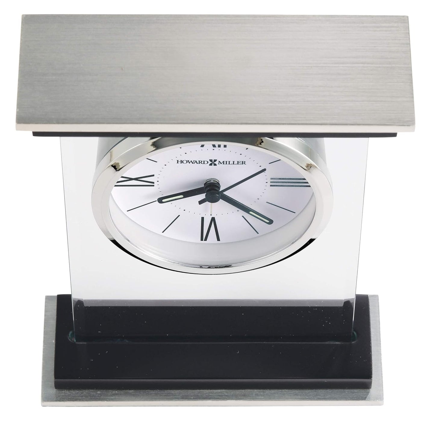 Howard Miller Bryant Tabletop Alarm Clock – Modern Desk Clock with Silent Sweep Seconds Luminous Hands Roman Numeral Markers & Bracket Style Design Satin Finish for Home Office & Desktop Decor