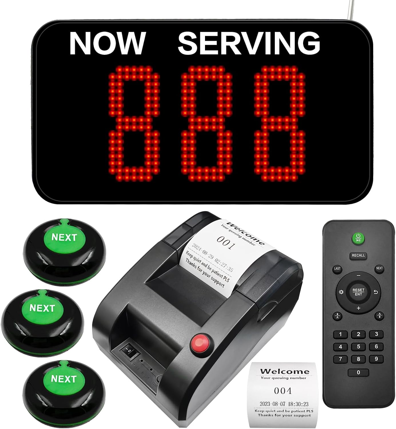 Take a Number System Electronic Queue Calling System with 1 Now Serving Number Display 3 Next Call Button 1 Ticket Dispenser Printer 57mm Thermal Receipt Rolls 1 Remote Control for Office Window