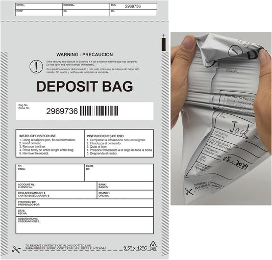 Plastic Deposit Bags 30 Pack 9.5''x 15'', Opaque Security Bank Deposits,Cash register,Money bag for Cash,Bank Pocket,Tamper-Evident,Unique Barcode