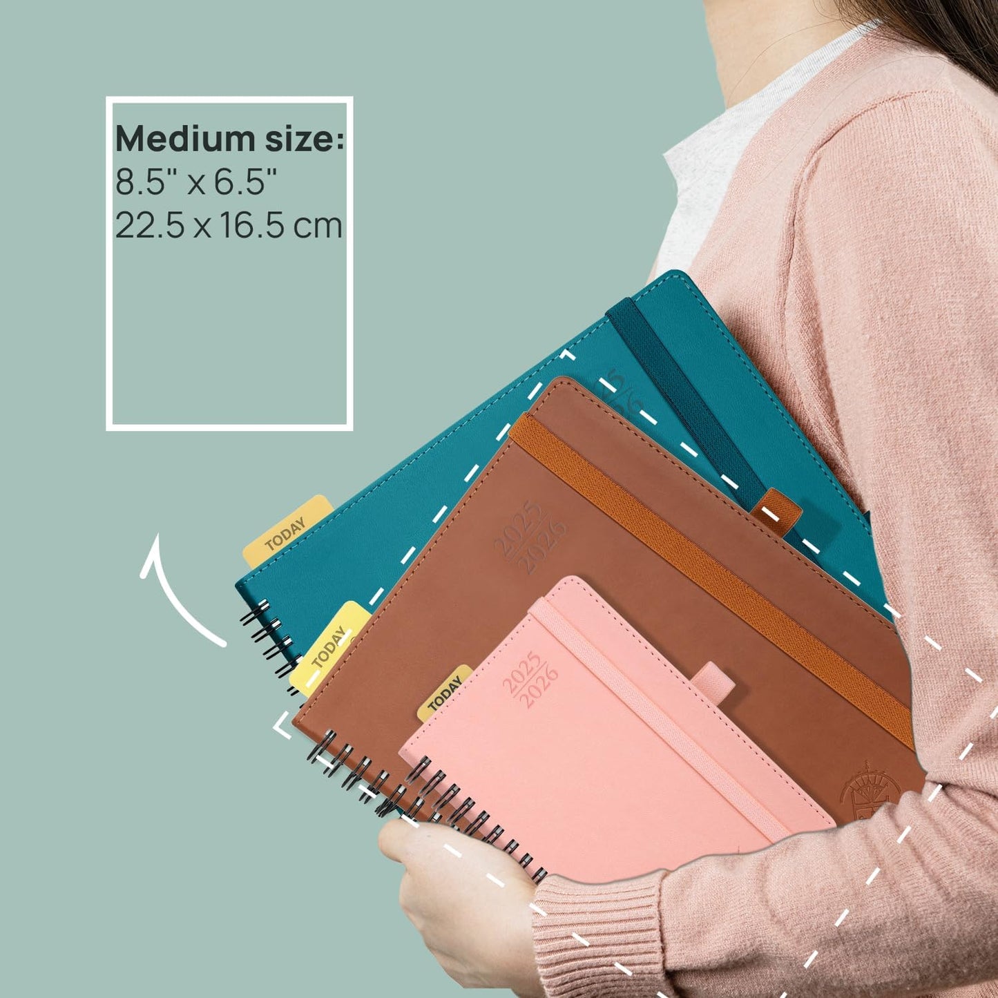 POPRUN Planner 2025-2026 (Medium - 6.5'' x 8.5'') Academic Weekly Calendar (July 2025 - June 2026) with Hourly Time Slots, Monthly Tabs, 100GSM Thick Papers, Spiral Leather Cover - Green