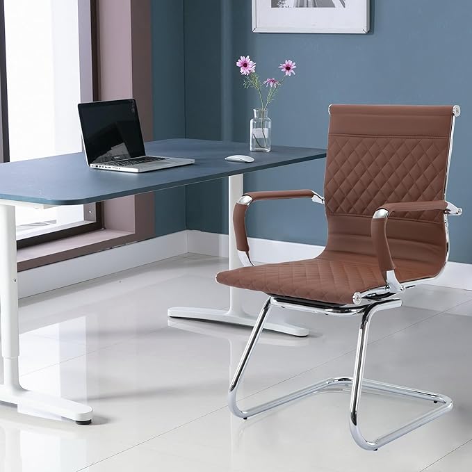 Modern Office Chairs Set of 2, Brown Faux Leather, Ergonomic, Adjustable Height, Conference Room, Reception Area