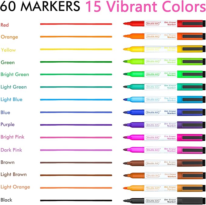 Dry Erase Markers, Shuttle Art 60 Bulk Pack 15 Colors Magnetic Whiteboard Markers with Erase, Fine Point Dry Erase Markers Perfect for Writing on Whiteboards, Glass, Mirror for School Office Home
