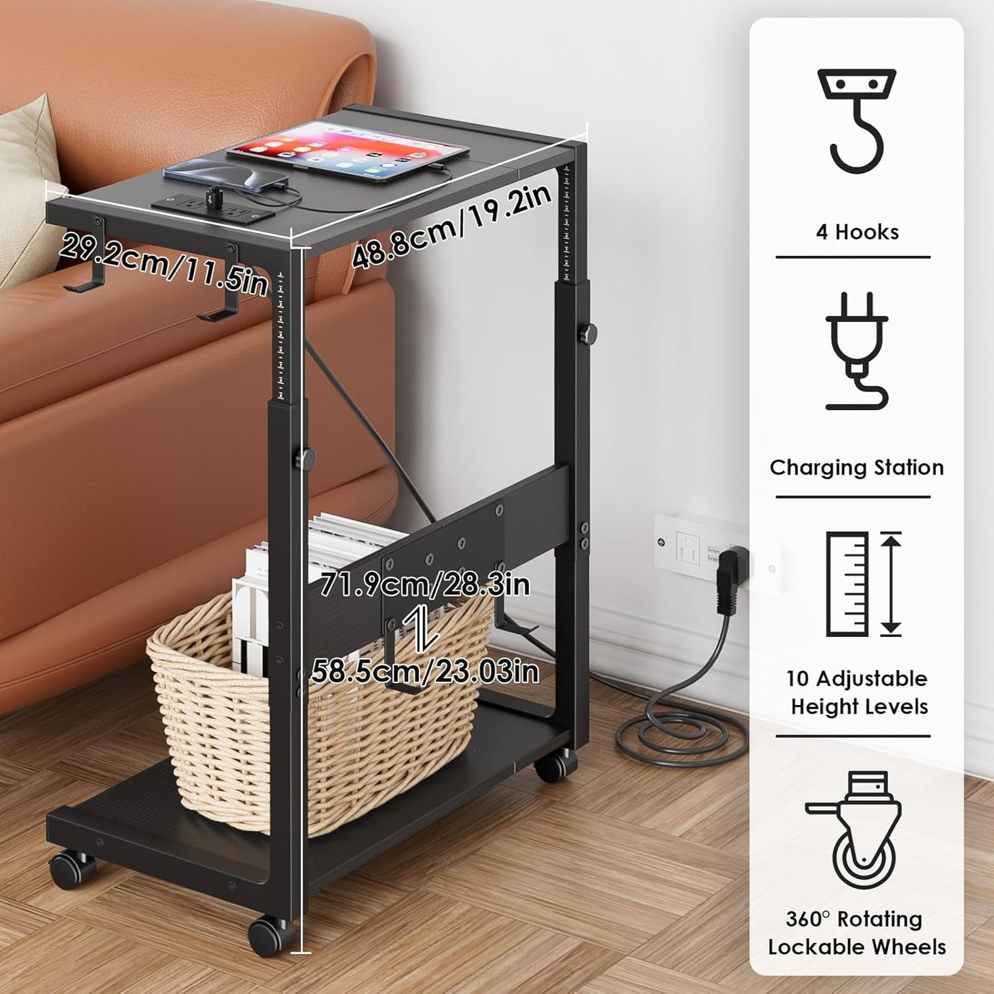 JANE EYRE Computer Tower Stand - Adjustable PC Tower Stand CPU Holder Cart with Charging Station for Office Home Classroom,23.03"-28.3" H, black