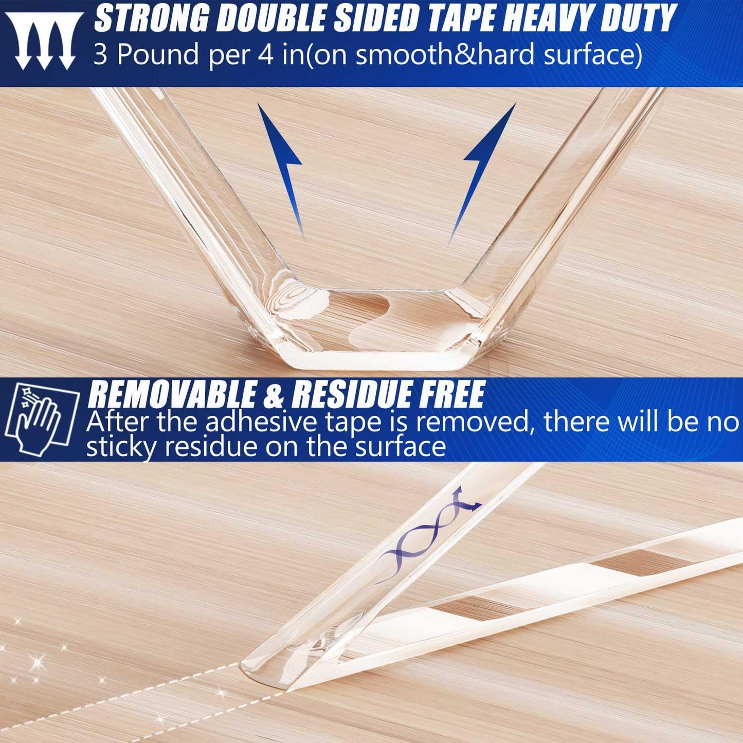 Clear Double Sided Adhesive Mounting Tape Heavy Duty Removable,Strong Picture Hanging Strips Wall Hangers,Sticky Tack Gel Putty Glue for Poster,Photo,Mirror,Carpet(9.85 Ft-3 Pack)