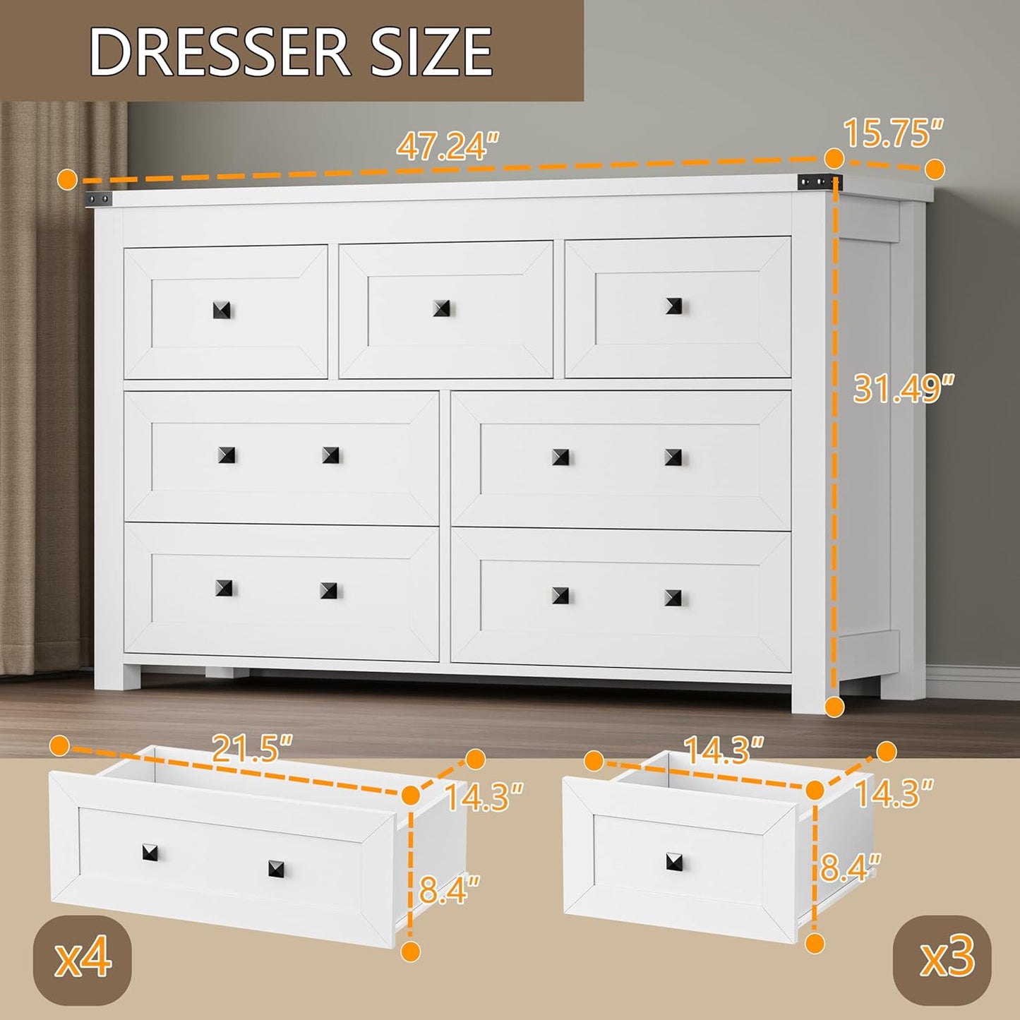 7-Drawer Dresser, Modern Wooden Storage Chest of Drawers, Dresser TV Stand, Wood Drawer Organizer with Metal Handles for Bedroom, Living Room, Hallway