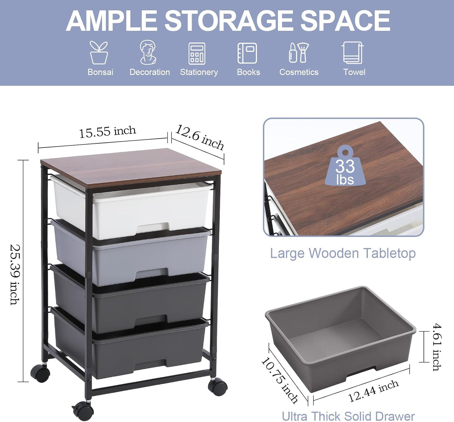 Utility Cart with 4 Drawers,Rolling Storage Cart with Drawers,Light Grey