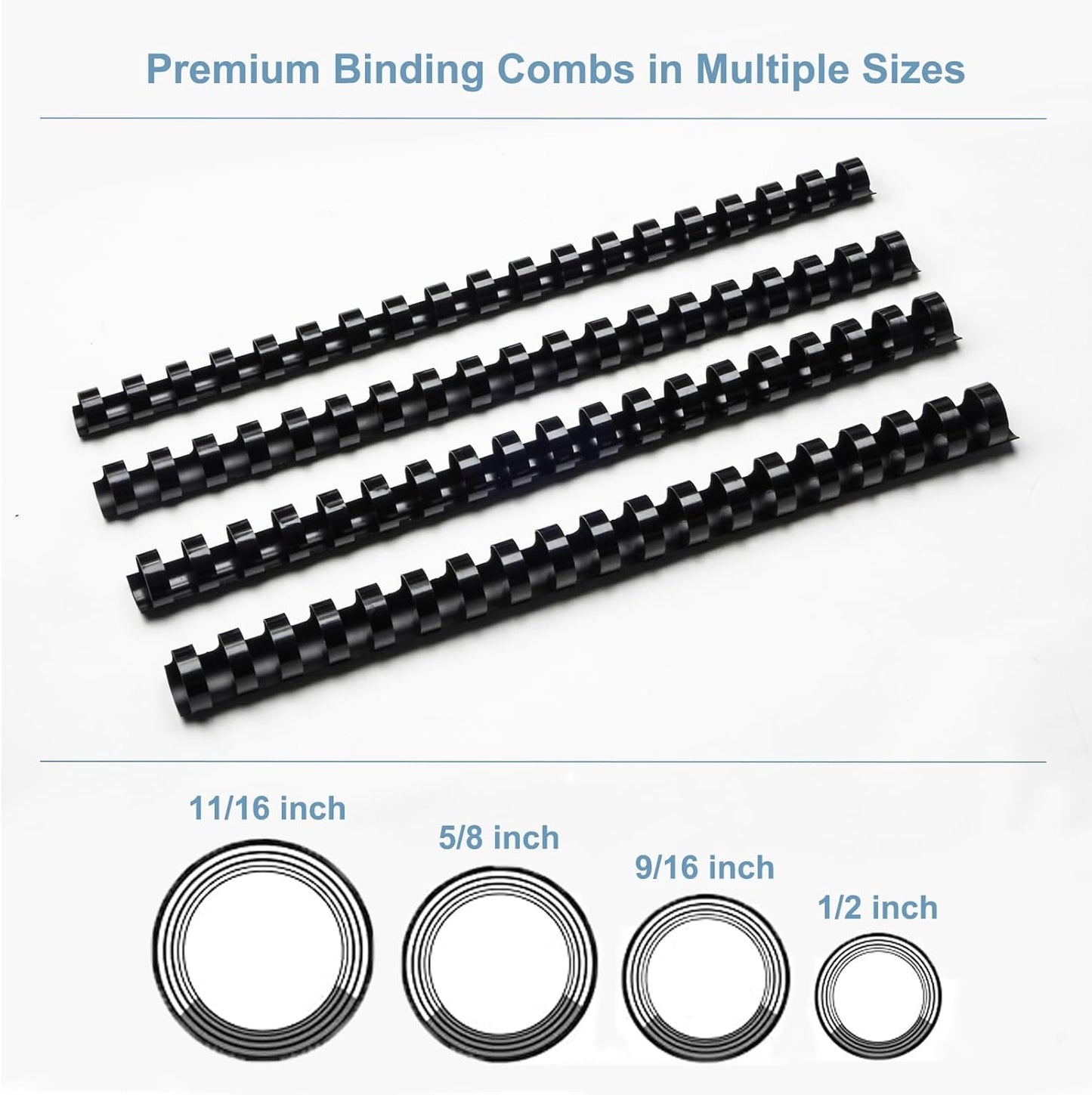 Rayson CR12141618BK Plastic Binding Combs 1/2in. 9/16in, 5/8in, 11/16in, 19-Ring Letter Size, Black Comb Binding Spines, Multi-Size Pack of 80